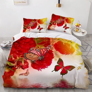 Luowei Bettwäsche 135x200cm 4 Teilig Blumen&Schmetterling Bettbezug Set Weiche Microfaser Rot Vintage Floral Schmetterlinge Bettbezug mit Reißverschluss und 2 Kopfkissenbezüge 80 x 80cm