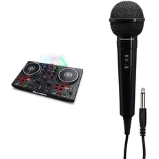 Numark Party Mix II – DJ Controller Pult mit 2 Decks, eingebauten DJ-Lichtern & DJ-Mixer & MONACOR 231700 DM-70/SW Dynamisches Mikrofon, Schwarz, 6,3 mm Klinke