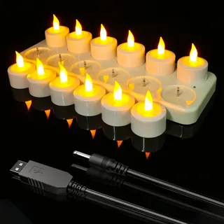 Ymenow Wiederaufladbare Teelichter, 12 Stück Elektrische LED Kerzen Aufladbar mit Ladestation USB Ladekabel LED Kerzen Flackernde Flamme für Halloween Weihnachten Wohnzimmer Hochzeit Saisonale Deko