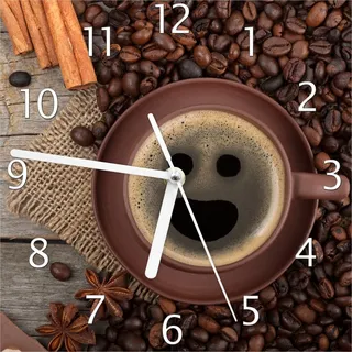 Wallario Design Wanduhr Lustige Kaffeetasse mit einem Lächeln - Kaffeebohnen und Zimt aus Echtglas, Größe 20 x 20 cm - Schwarz