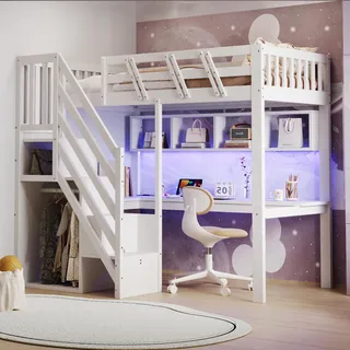 90x200 Massivholz Hochbett Weiß mit Schreibtisch & LED-Licht, Kinderbett mit Treppenregal & USB-Anschluss, Jugendbett mit Stauraum ohne Matratze - Weiß