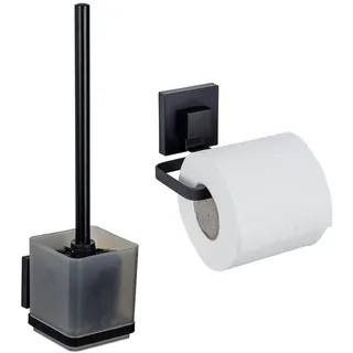 WENKO Badezimmer-Set Mod. Vacuum-Loc® Quadro WC-Garnitur Toilettenpapierhalter Wandbefestigung ohne Bohren Edelstahl schwarz 9,5 x 37 x 12,5 cm