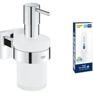 GROHE Start Cube - Seifenspender mit Halter (Füllmenge 160ml, verdeckte Befestigung, Material: Glas/Metall), Chrom, 41098000 + Kleber für BadAccessoires