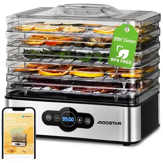 Aigostar Crispy - Dörrautomat, Dörrgerät mit Temperaturregler, 240W, 35-70°C, 99h-Timer, 5 Einlegefächer, Dörrautomat Edelstahl für Fleisch, Obst, Gemüse, Dehydrator - BPA frei