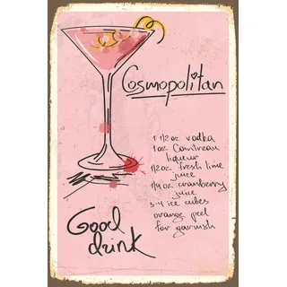 Queence Metallbild "Cosmopolitan" Getränke Schriftzug Sprüche Sprüche & Texte 1 Stk. tlg. Stahlschild, Blechschild, Rezept, Cocktail, rosa, Wanddeko, farbe bild(er): schwarz