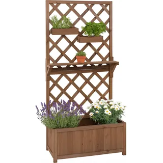 Hochbeet HWC-P68, Pflanz-/Blumenkasten Rankgitter Rankhilfe Ablage Hängekästen Holz 135x70x30cm braun - Braun