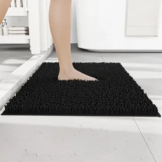 RUN HELIX Chenille Badematte rutschfest - Super Saugfähige und Maschinenwaschbar Badezimmerteppich - Ideal Badteppich für Badezimmer, Toilette und Innenräume - 50x80 cm, Schwarz