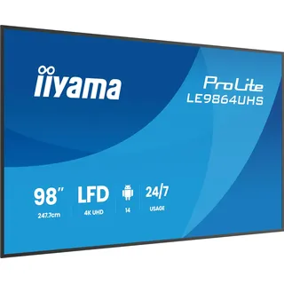iiyama Prolite LE9864UHS-B1AG 247.7cm 98" Digital Signage Display VA LED Panel 4K UHD HDMI USB-C USB2.0 RS-232c RJ45 Android 14 OS iiSignage2 WiFi Mediaplayer 24/7 AntiGlare schwarz
