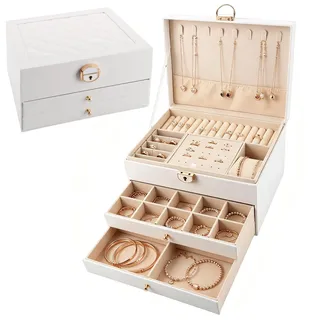 YOUNTHYE Schmuckschatulle Weiß mit 3 Etagen, Große Jewelry Box Schmuckkoffer abschließbar, Schmuck Organizer Damen