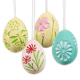 Logbuch-Verlag kleine Ostereier zum Aufhängen, 4er Set: Osteranhänger im Retro Look, Osterdeko mit Schnur, Anhänger für Osterstrauch & Fenster, Bunte Farben mit Blumenmotiv, 4 cm