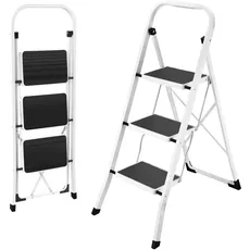 HBTower 3-Stufen-Leiter, Trittleiter mit Anti-Rutsch-Pedal, 20 cm breite Stufen, 150KGS Kapazität, Perfekt für Küche & Haushalt, Weiß