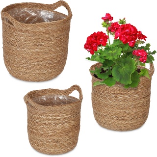 Relaxdays Seegras Blumentopf 3er Set, Griffe, für Blumen & Kräuter, Pflanzenkorb mit Folie, 3 Größen, Pflanzkübel, Natur