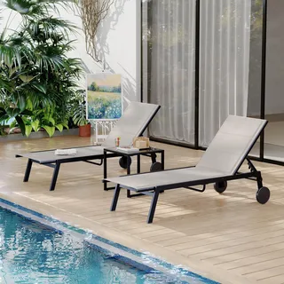 GarveeHome 3-Teiliges Terrassen-Lounge-Set Mit 2 Liegen Aus Textilene-Gewebe Und 1 Couchtisch, Gepolstert Loungesessel Mit Verstellbarer Rückenlehne, Liege Mit Rollen, Für Poolbereich, Terrasse