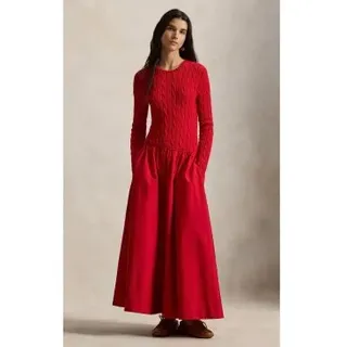 Polo Ralph Lauren für Damen. 211A96349001 Baumwollkleid mit rotem Achter-Mieder (S), Lässig, Baumwolle, Langarm
