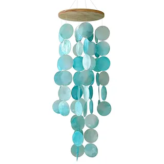 Muschel Windspiel aus echten Capiz Muscheln, Boho Deko Hängend für Balkon Garten Terrasse, 45 cm Windspiel mit Holz, Entspannender Klang, Sommer Strand Deko, Blau Grün Weiß