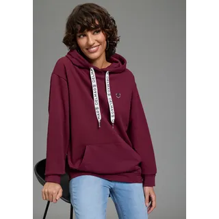 Kapuzensweatshirt DELMAO, Damen, Gr. 48/50, rot (bordeaux), angeraute Sweatware, Obermaterial: 80% Baumwolle, 20% Polyester, unifarben, lässig geschnitten hüftbedeckend, Rippbündchen, Sweatshirts Kapuzensweatshirt, Weiche Baumwollmischung mit Kängurutasche und bedruckter Kordel