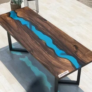 epoxid Harz Fluss Tisch Echtes Massiv Holz Blau Wasser Tissche Epoxy Möbel Neu - Braun, Blau