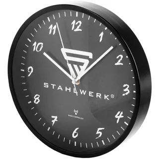 STAHLWERK Wanduhr 30 cm schwarze Werkstattuhr mit Aluminium-Gehäuse RCC-Uhrwerk
