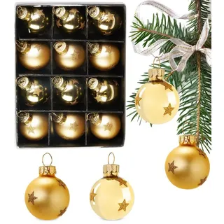Brubaker 12 Stück Weihnachtskugeln - 3 cm Baumkugel Set - Handbemalter Christbaumschmuck Mini Kugeln mit Glitzer Sternen für Weihnachtsbaum - Weihnachtsbaumkugeln aus Glas - Gold