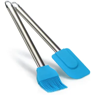 COM-FOUR® 2-teiliges Back-Set mit Teigschaber und Kuchenpinsel aus Silikon - Teig-Spatel für die Küche - Backpinsel mit Metall-Griff (2-teilig - Pinsel + Schaber blau)