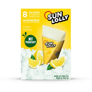 Sun Lolly Wassereis Zitrone 8 Stk | Mit Fruchtsaft | Zum Selbsteinfrieren | Ohne künstliche Aromen | Frei von Süßungsmittel | Laktosefrei | Glutenfrei | 8 x 60ml