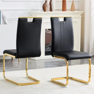 Schwarze Esszimmerstühle 2er Set moderne Polsterstühle aus Kunstleder in geschwungener Bogenform ergonomische Küchenstühle für Industrial-Look