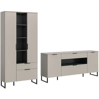 xonox.home – Wohnkombination Noida 290x192x41 cm in Kaschmir Nachbildung und Schwarz – Moderne Wohnwand mit offenen & geschlossenen Fächern – ideal für große Räume
