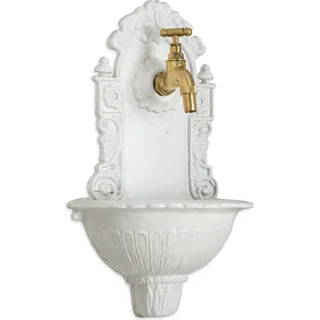 Wandbrunnen Gusseisen Weiß mit Messing-Wasserhahn Antikstil Garten Deko Außenbereich Wandmontage 39 x 24 x 13 cm Nostalgie Wasserspender für Terrasse oder Balkon - Weiß