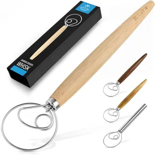 Zulay Dänischer Teigbesen, Groß Teigrührer 33 cm, Edelstahl & Holz, dänischer Schneebesen - holländischer Stil Teigbesen für Brot, Teig, Kuchen, Gebäck, Danish Whisk, 3-Schlaufen-Manueller Schneebesen