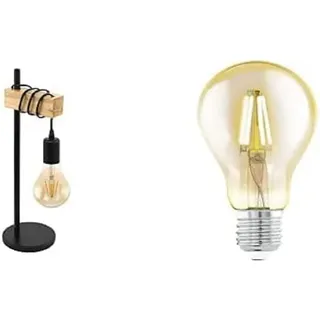 EGLO Tischlampe Townshend, Vintage Tischleuchte im Industrial Design inkl. LED Leuchtmittel, Retro Lampe, Nachttischlampe aus Stahl und Holz, Schwarz, braun, inkl. Schalter