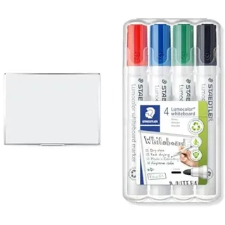 BoardsPlus Magnetisches Whiteboard 90 x 60 cm, Mit Aluminiumrahmen und Stifteablage, Tocken Abwischbar & Staedtler Lumocolor WP4 Whiteboard-Marker (Rundspitze ca. 2 mm Linienbreite, Set mit 4 Farben)