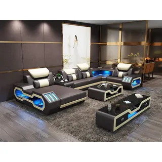 Ecksofa UForm Couchtisch Ledersofa Wohnlandschaft Designer Sofa 2tlg.Set led usb
