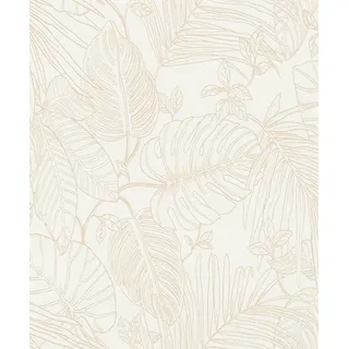 Rasch Tapete 690804 - Helle Vliestapete mit Textiloptik und großen tropischen Blättern in Beige, Monstera, Dschungeltapete - Kollektion: Color your life