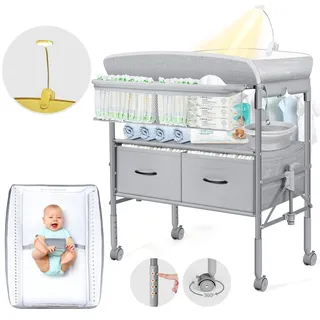 Orzbow Tragbarkeit Baby Wickelkommode mit Schubladen und Nachtlicht, Höhenverstellbare Mobiler Baby Wickeltisch Klappbar mit Sicherheitsgurt, Geräumiger Stauraum Baby Changing Table, Grau