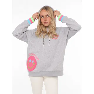 Hoodie ZWILLINGSHERZ "Always Happy", Damen, Gr. L/XL, grau, Sweatware, Obermaterial: 50% Baumwolle, 50% Polyester, unifarben, normal hüftbedeckend, V-Ausschnitt, Sweatshirts Hoodie, Smiley aus Frottee, Neon-Details, Kapuze, Langarm