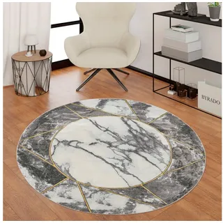 Paco Home Teppich Wohnzimmer Kurzflor Marmor Design Bordüre Geometrisch Grau Gold