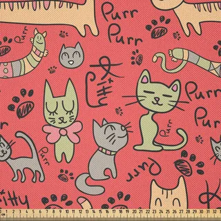 ABAKUHAUS Katze Satin Stoff als Meterware, Muster mit niedlichen handgezeichneten Stil Katzen schnurren Kitty Kitty Pfoten Fliege entzückende Doodle, 10 M (148 x 1000 cm), Mehrfarbig