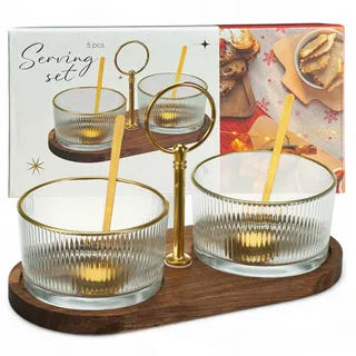 MIJOMA Servierset 5-teilig – 2 gerippte Glasschalen mit Goldrand & Löffeln auf Akazienholztablett mit Tragegriff – Edles Snack- & Dipset für besondere Anlässe