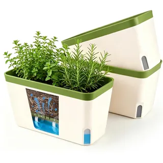 T4U 27cm Selbstbewässernder Blumentopf & Kräutertopf Rechteckige Pflanztopf 3er Set Kunststoff Blumentöpfe mit Wasserspeicher für Basilikum, Kräuter, Sukkulenten - ideal für Fensterbank & Balko, Grün