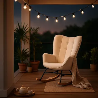 MEUBLE Cosy Schaukelstuhl Garten, Relaxsessel für überdachte Terrasse und Balkon, Skandinavisches Design mit Holz und Metallfüßen, Bouclé-Stoff Nicht wasserdicht