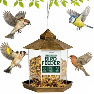 GloBrite Vogelfutterhaus zum Aufhängen, sechseckiges Vogelhaus mit Dach, hängende Futterstation für Wildvögel, wetterfestes Futterhaus für Garten & Balkon, ganzjährig Outdoor, Deko im Hof Heute