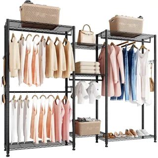 VEVOR Kleiderständer Garderobenständer (verstellbar) mit 4 Kleiderstangen & 385,5 kg Tragkraft & 7 Regalen & 8 Haken, offener Kleiderschrank für Schlafzimmer Bekleidungsgeschäft Garderobe Flur