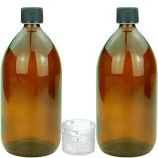 Devitre 2 braune Glasflaschen 1000 ml mit Deckel Messbecher und 2 Etiketten