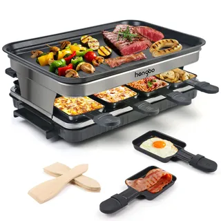 Raclette 8 Personen Grillplatte Antihaftbeschichtet Raclette Grill 4 6 Personen mit 8 Mini Raclette Pfännchen & 4 Holzspatel Stufenlos Regulierbare Temperatur 1500W Edelstahl