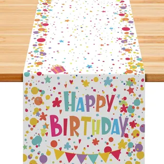 Tischläufer Geburtstag Weiß, Tischdecke Geburtstag mit Bunte Punkte, Happy Birthday Tischläufer zum Geburtstag, Tischdeko Geburtstag für Junge Mädchen Party Geburtstagsdeko, 180 x 35 cm