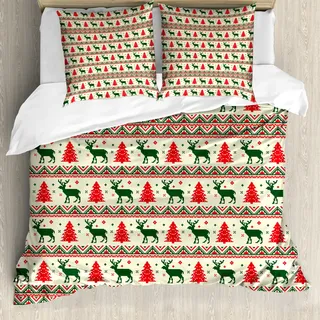 ABAKUHAUS nordisch Bettbezug, Pixel Art Weihnachten, Milbensicher Allergiker geeignet mit Kissenbezügen, 155 cm x 220 cm - 80 x 80 cm, Smaragd Beige Scarlet - Beige