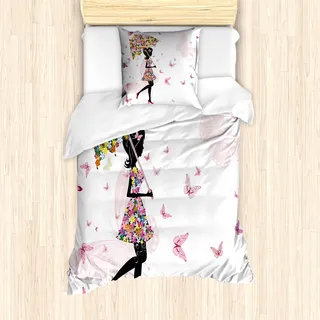 ABAKUHAUS Feminin Mantele, Floral Umbrella-Kleid, Milbensicher Allergiker geeignet mit Kissenbezügen, 135 cm x 200 cm - 80 x 80 cm, Schwarz und Pink - Rosa