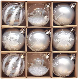 Victor's Workshop Weihnachtskugeln 9tlg. 6cm Kunststoff Christbaumkugeln Weihnachtsdeko Weihnachtsbaum Dekoration Set Plastik Weihnachten Deko mit Anhänger Gefrorener Winter Thema Silbern Weiß