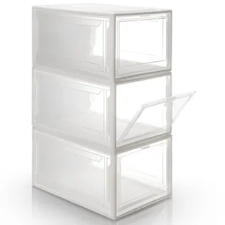 Yorbay Schuhbox, 3er Set, stapelbarer Schuhorganizer, Kunststoffbox mit durchsichtiger Tür, Mehrweg Schuhaufbewahrung, für Schuhe bis Größe 48, Weiß