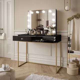 Schminktisch BLANCO GOLD ELITE mit Spiegel und Beleuchtung weiß Hochglanz mit Griffen - Schwarz